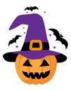 Little Pumpkin with witch hat - Hand drawn pumpkin with Halloween bats. Royalty Free Stock Photo