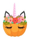 Funny pumpkin unicorn for Halloween, Unicorn head with flower crown, Unicorn Face.