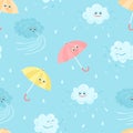 Funny cute clouds, smiling colored umbrellas, wind and rain seamless pattern.