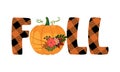 Fall word with beautiful pumpkin and fall leaves - Hand drawn illustration.