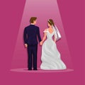 Wedding couple holding hand underspotlight from back view. bridal wedding event cartoon illustration vector