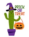 Prick or treat - funny Cactus with witch hat. Cacti doodle draw for print. Royalty Free Stock Photo