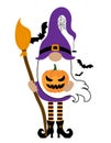 Adorable Halloween gnome with witch hat and broom - gnome with pumpkin lantern. Royalty Free Stock Photo