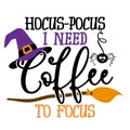 Hocus focus, I need coffee to focus - Halloween quote on white background with broom and witch hat