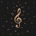 Black background with glitter notes and treble, bass clef in the centre. Seamless pattern. Royalty Free Stock Photo