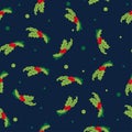 Seamless pattern of hand drawn Holly, Ilex Branch with Berry and Leaves, Mistletoe.