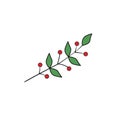 Plant branch with ripe red berries and green leaves with black stroke. Royalty Free Stock Photo