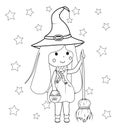Halloween cute witch holding broom and basket with candy Royalty Free Stock Photo