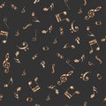 Black background with glitter notes and treble, bass clef. Seamless pattern. Royalty Free Stock Photo