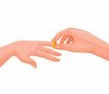 Man putting wedding ring on woman hand, bethrothal and married ceremony symbol illustration vector Royalty Free Stock Photo