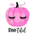 Boo-tiful Boo beautiful - hand drawn pink pumpkin with lashes and lettering phrase.