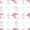 Seamless pattern with hand drawn unicorn, dream catcher, hearts, stars and feathers.