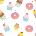 Seamless pattern with cute sweets - ice cream, cupcakes, donuts and confetti. Pink, blue , green, brown and yellow colors.