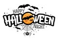 Happy Halloween Night - halloween quote on white background with a cute hanging spider and jack o lantern pumpkin.