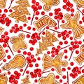 Watercolour Christmas pattern, red berries, Christmas cookies, white background.