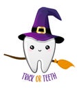 Teeth character in witch costume with broom and witch hat - Happy Halloween illustration