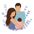 Happy new parents holding baby. Young mom and dad, new born child flat vector illustration. Royalty Free Stock Photo