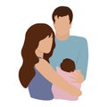 Happy new parents holding baby. Young mom and dad, new born child flat vector illustration. Royalty Free Stock Photo