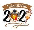Happy Thanksgiving 2021 - Thanksgiving Day poster with cute turkey wearing mask. Royalty Free Stock Photo