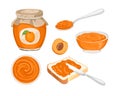 Apricot jam set. Marmalade spread on piece of toast bread