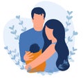 Happy new parents holding baby. Young mom and dad, new born child flat vector illustration.
