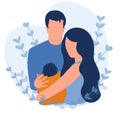 Happy new parents holding baby. Young mom and dad, new born child flat vector illustration. Royalty Free Stock Photo