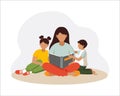 Mothers day concept. Woman, mother reads a book to children.