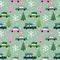 Cute Christmas car seamless pattern - Adorable Xmas pine delivery cars.