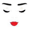 Hand drawn beautiful woman with close eyes, perfectly shaped eyebrows and lashes and red lips. Royalty Free Stock Photo