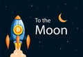 To the moon bitcoin rocket. cryptocurrency business growth illustration in cartoon vector Royalty Free Stock Photo