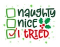 Naughty, Nice, I Tried - Funny Calligraphy Phrase For Christmas.