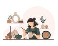 Potter girl. Woman paints a clay vase Vector illustration of an artist, sculptor.