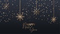 Luxury elegant Happy New Year poster template with Shining Gold Snowflakes and confetti on dark background. Royalty Free Stock Photo