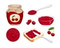 Cherry jam set. Vector marmalade spread on piece of toast bread, knife, glass jar with jelly