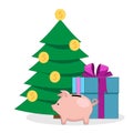 Cartoon piggy bank, Christmas tree with coins and big gift box Royalty Free Stock Photo
