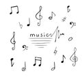 Hand drawn doodle music notes, elements and signature set. Royalty Free Stock Photo