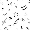 Hand drawn doodle music notes, elements and signature isolated seamless pattern.