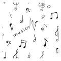 Hand drawn doodle music notes, elements and signature isolated seamless pattern, music text, phrase.