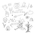 Vector set with hand drawn black doodle Halloween elements isolated on white background. Royalty Free Stock Photo