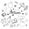 Hand drawn autumn icons set: pumpkin,candle, mug, book, glasses, knitted socks, cute cat and other. Royalty Free Stock Photo