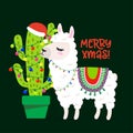 Merry Christmas - funny Llama with Cactus in Santa hat. Llama doodle draw.