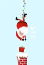 Cute Santa Claus hanging upside down on garland lights