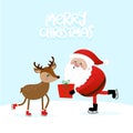 Merry Christmas and Happy New Year - skating Santa with a Deer. Royalty Free Stock Photo