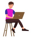 Vector of young man sitting on the stool with a laptop on the lap. Young boy working with a laptop at home or office. Royalty Free Stock Photo