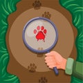 Explorer holding magnifier find clue on footstep animal. wildlife illustration vector