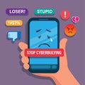 Stop Cyberbullying. Hand holding smartphone with bad emoticon cartoon illustration vector