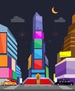 New York Time Squre with colorful ads screen on building at night illustration cartoon vector