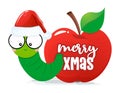 Merry Christmas, cute worm in red apple - funny Maggot with Santa hat.