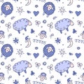 Lovely sheep. Children`s seamless vector pattern for the nursery. Illustration for fabric, wallpaper, paper.