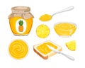 Pineapple jam set. Yellow marmalade spread on piece of toast bread, knife, glass jar with jelly, spoon, bowl Royalty Free Stock Photo